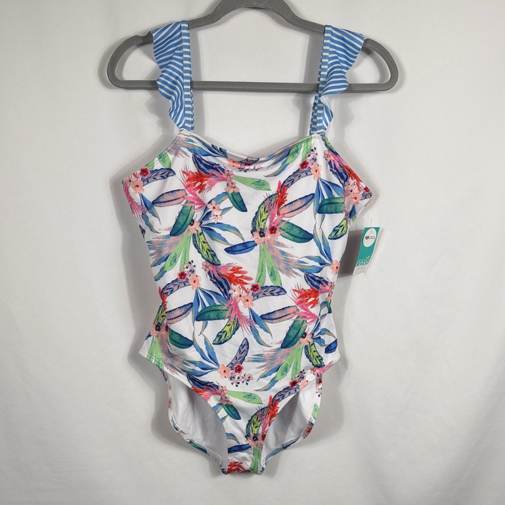 Oasis White Floral & Nautical Stripe One Piece Swimsuit Size L. Shelf bra. NWT‎